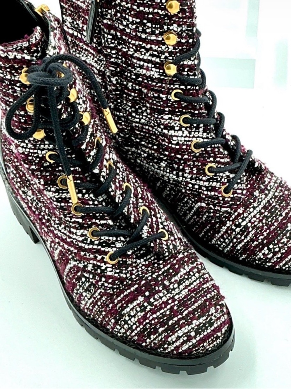 Tory Burch Maroon Tweed Lace-Up Ankle Boots with Black Laces